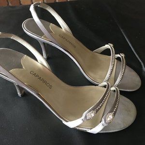 NWT CAPARROS SILVER SILK 'GOODIE' HEELS - SIZE 8.5M -NEW WITH BOX